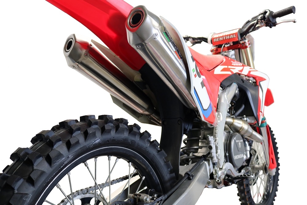 Exhaust compatible with Honda CRF450R/RX 2017-2020, Pentacross Inox, Full system exhaust, including dual silencers, removable db killers/spark arrestors 