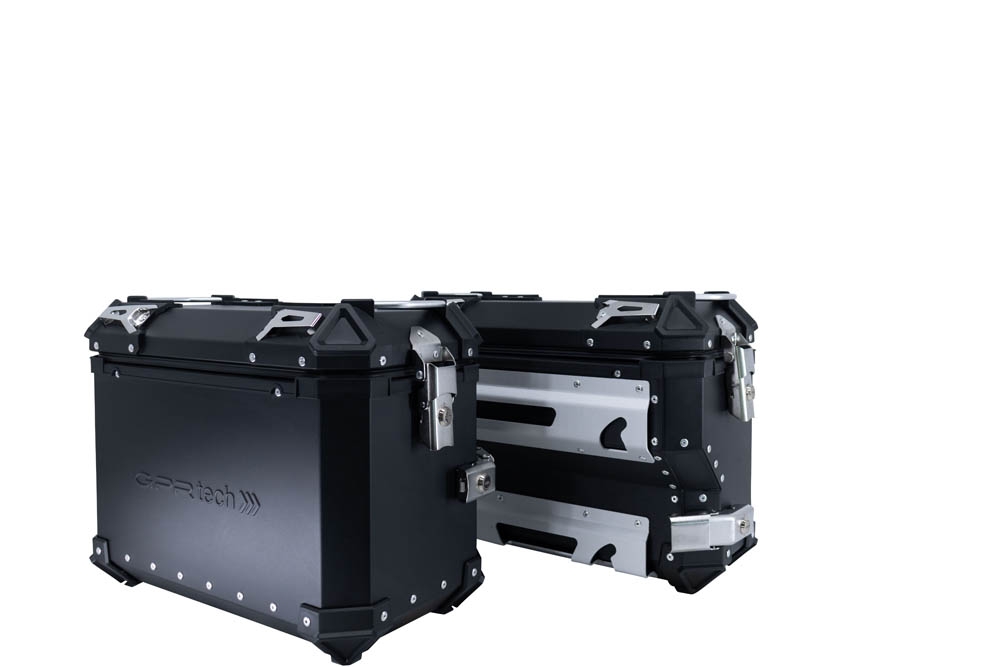 GPR TECH compatible with  Voge 900DSX 2024/2025 e5 GPR TECH Pair of side cases aluminum made with contoured right side, silver color with specific pannier black holder Capacity 38 LT. + 32 LT.