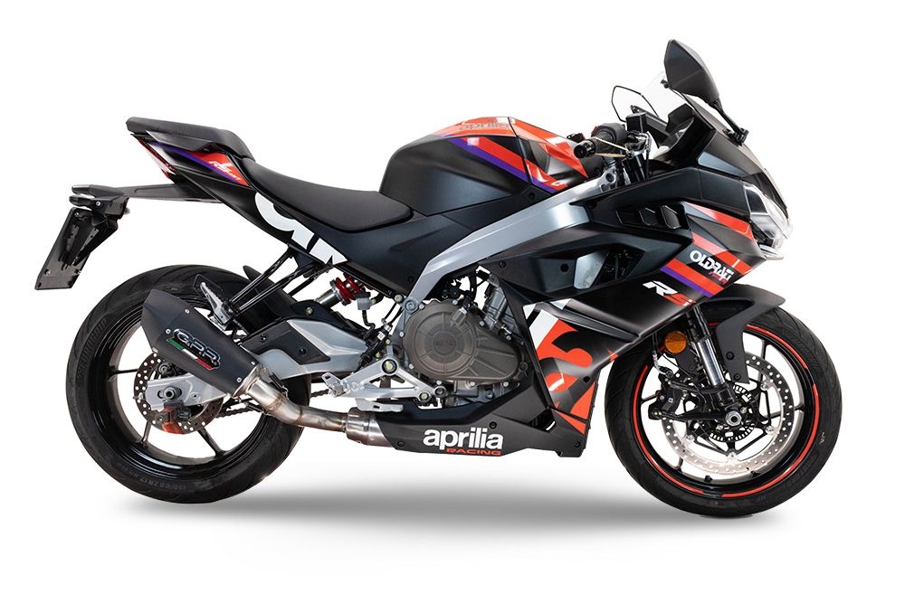 Exhaust compatible with Aprilia RS 457 2024-2025, Gpe Ann. Black titanium, Slip-on exhaust including link pipe and removable db killer 