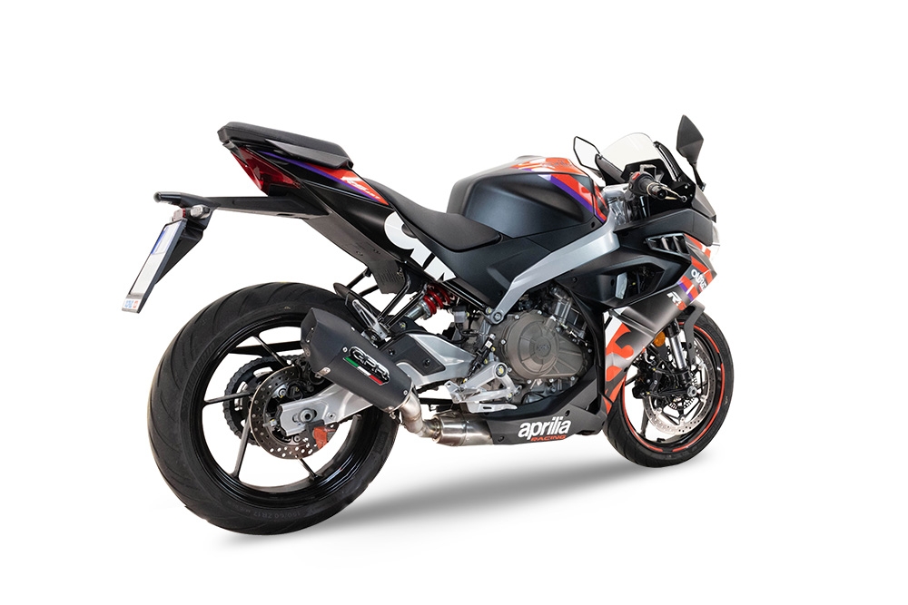Exhaust compatible with Aprilia RS 457 2024-2025, Gpe Ann. Black titanium, Slip-on exhaust including link pipe and removable db killer 