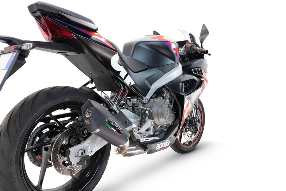 Exhaust compatible with Aprilia RS 457 2024-2025, Gpe Ann. Black titanium, Slip-on exhaust including link pipe and removable db killer 