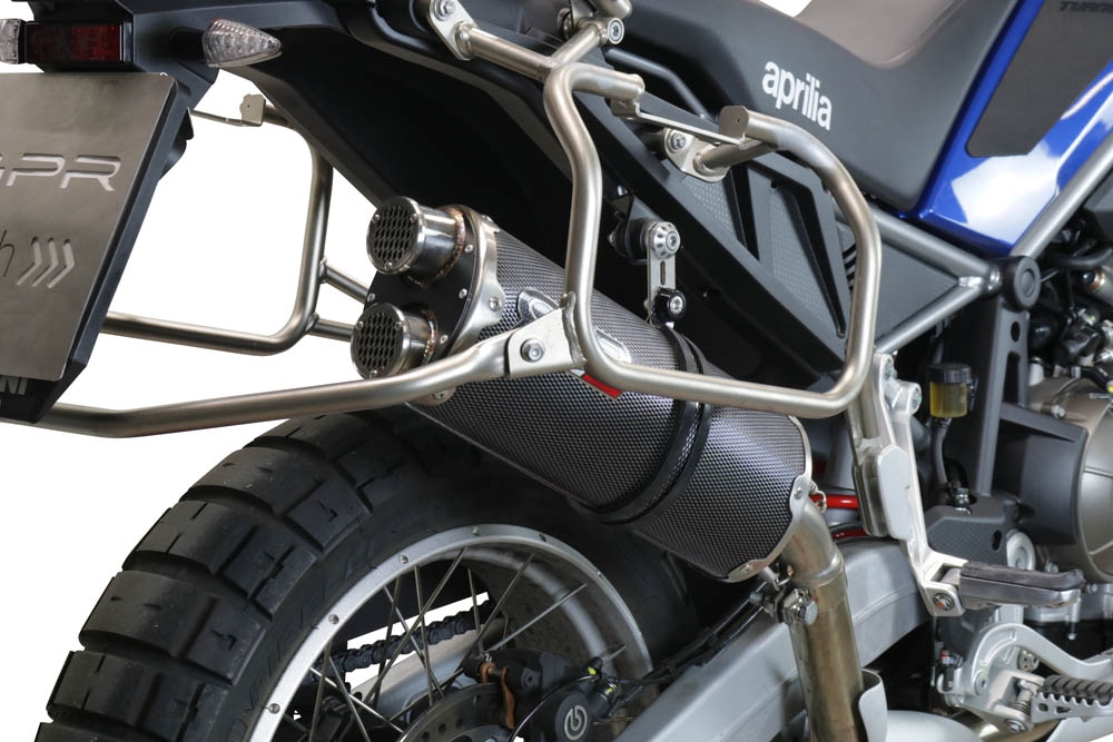 Exhaust compatible with Aprilia Tuareg 660 2021-2024, Dual Poppy, Slip-on exhaust including removable db killer and link pipe 