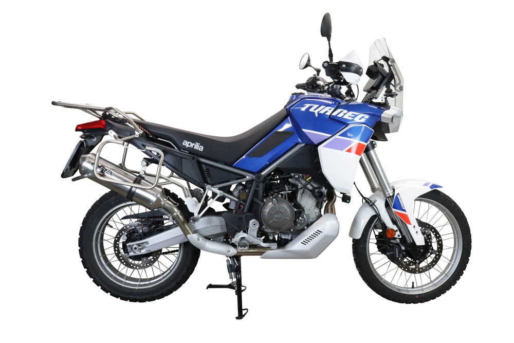 Exhaust compatible with Aprilia Tuareg 660 2021-2024, Satinox , Slip-on exhaust including removable db killer and link pipe 