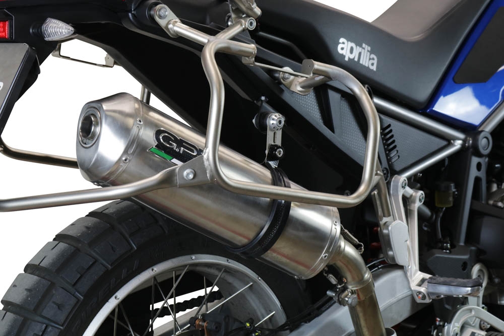 Exhaust compatible with Aprilia Tuareg 660 2021-2024, Satinox , Slip-on exhaust including removable db killer and link pipe 