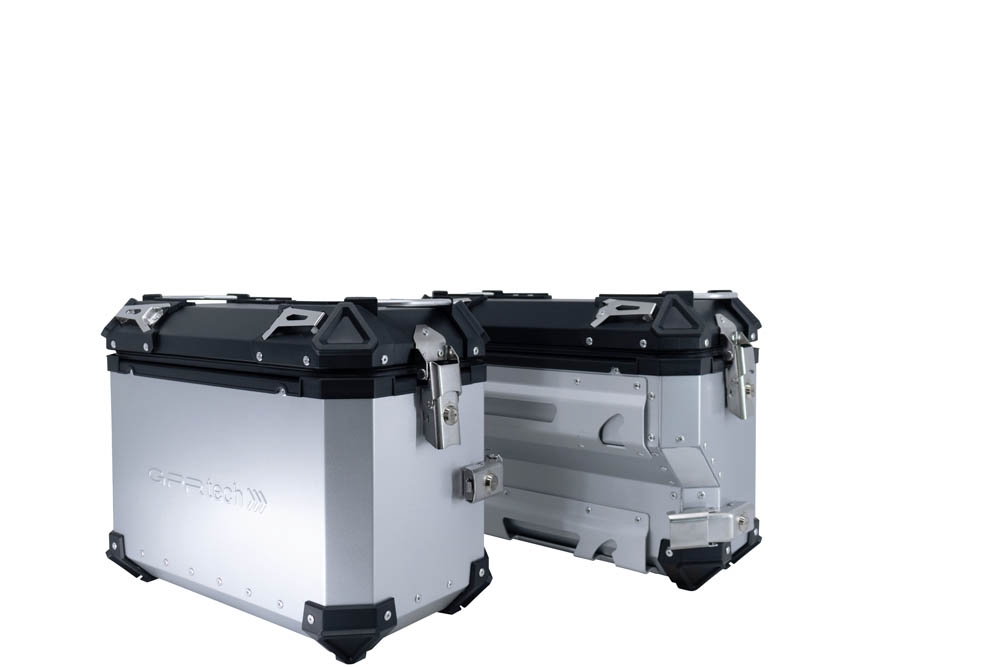 GPR TECH compatible with  Voge 900DSX 2024/2025 e5 GPR TECH Pair of side cases aluminum made with contoured right side, silver color with specific pannier silver holder Capacity 38 LT. + 32 LT.