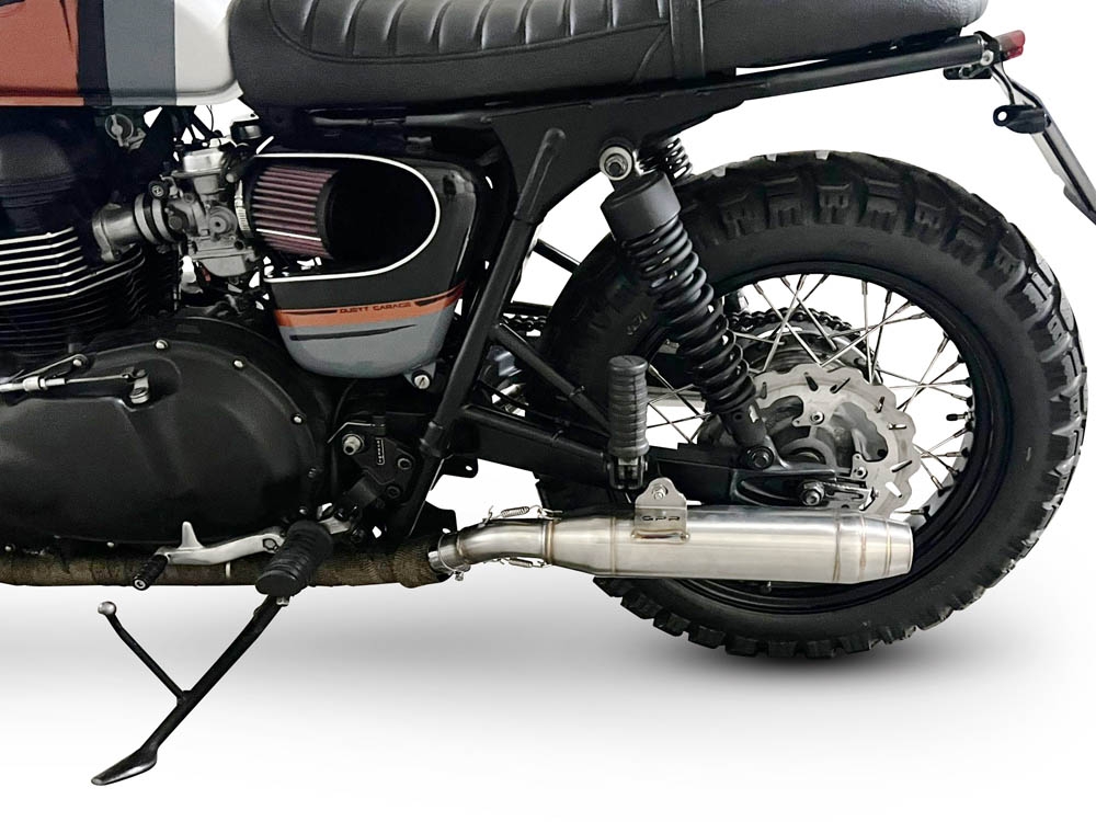 Exhaust compatible with Triumph BONNEVILLE T100 2001-2014, Deeptone Inox, Dual slip-on including removable db killers and link pipes 