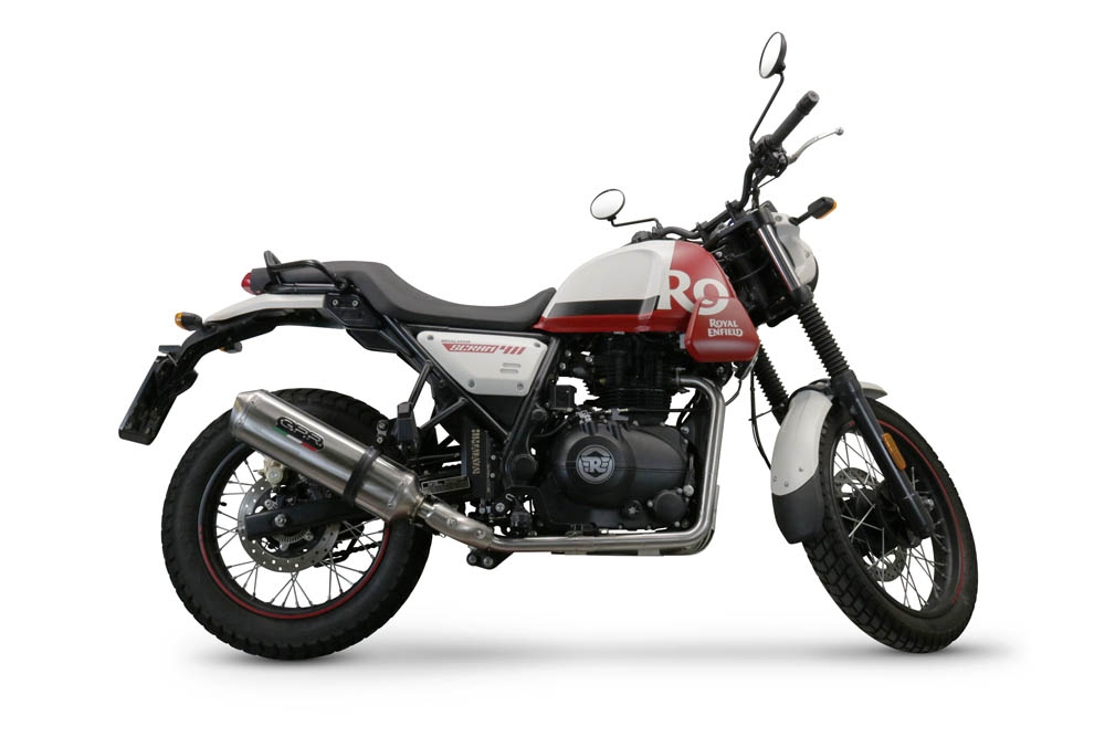 Exhaust compatible with Royal Enfield Scram 411 2022-2024, Satinox , Slip-on exhaust including link pipe and removable db killer 