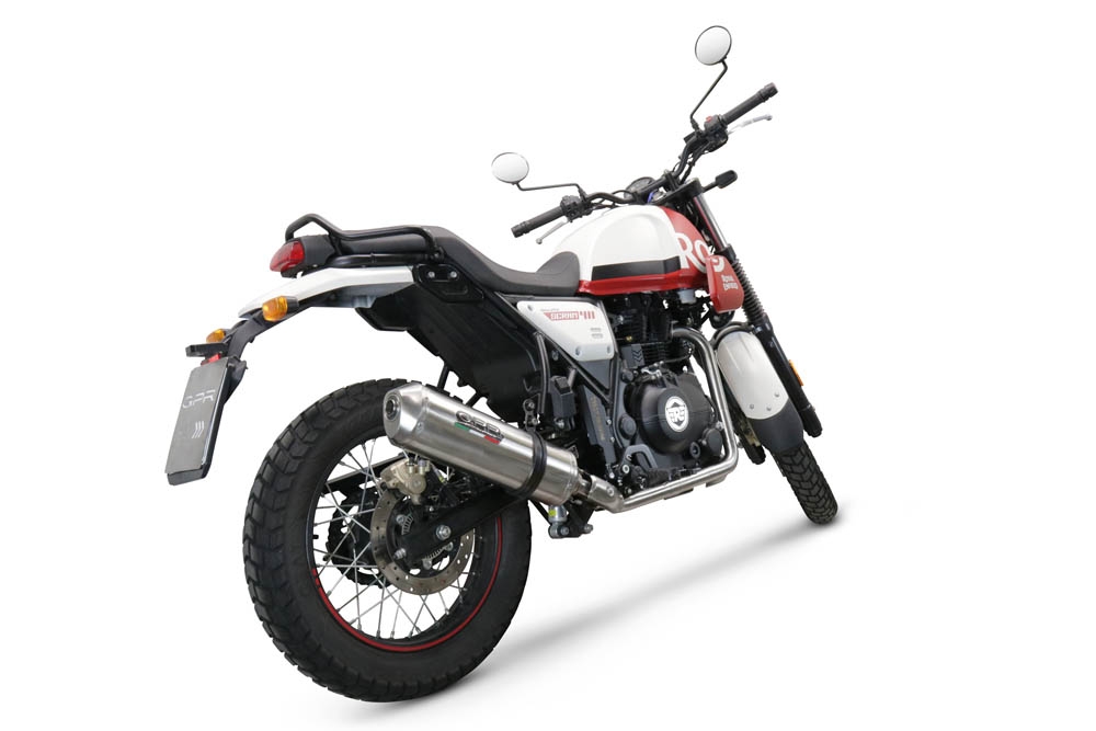 Exhaust compatible with Royal Enfield Scram 411 2022-2024, Satinox , Slip-on exhaust including link pipe and removable db killer 